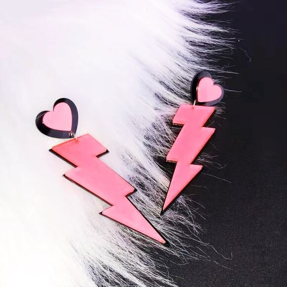 Pink & Black Lightning Bolt Acrylic Earrings with Heart Top - Picture 8 of 9